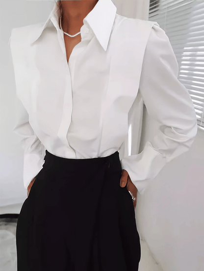 Elegant Blouse for Women with Collar Long Sleeve Structured Shoulder Button Front Tailored Style