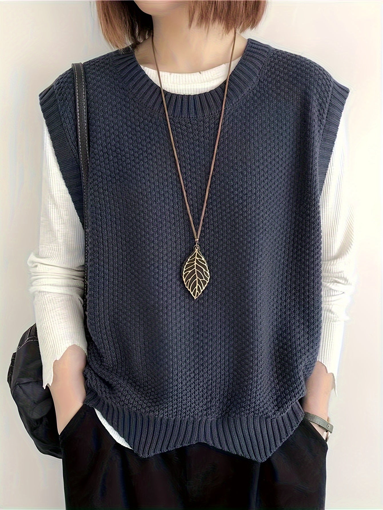Comfortable Chunky Knit Sweater Vest for Women with Crew Neck Sleeveless Ribbed Trim Oversized Style