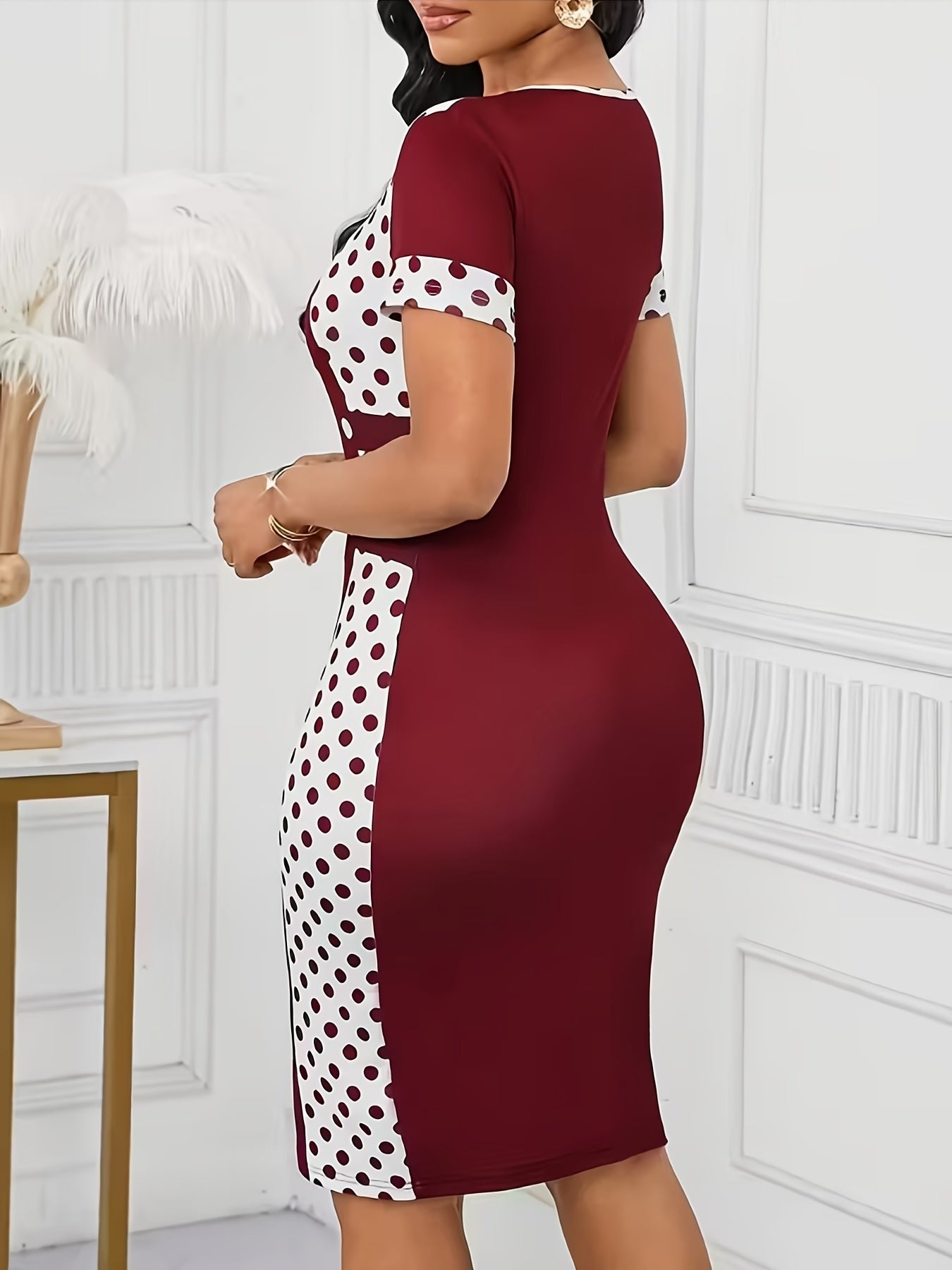 Elegant Polka Dot Colorblock Midi Dress for Women with Round Neck Short Sleeve Button Detail Bodycon Style