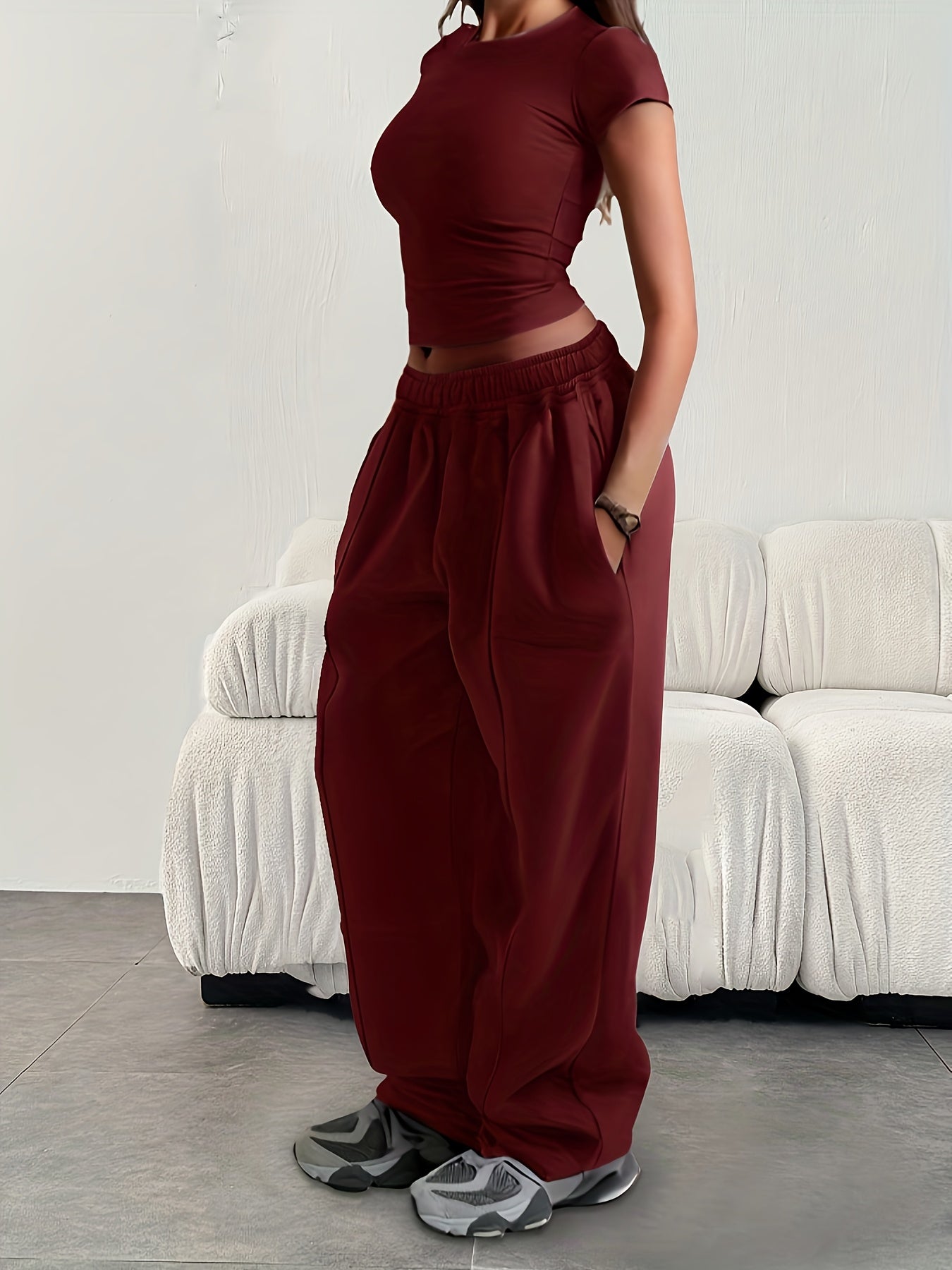 Women'S Casual Loose Easy Solid Color Elastic Waist Athletic Pants