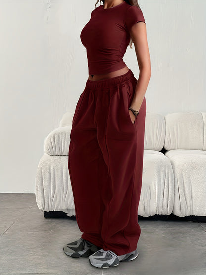 Women'S Casual Loose Easy Solid Color Elastic Waist Athletic Pants