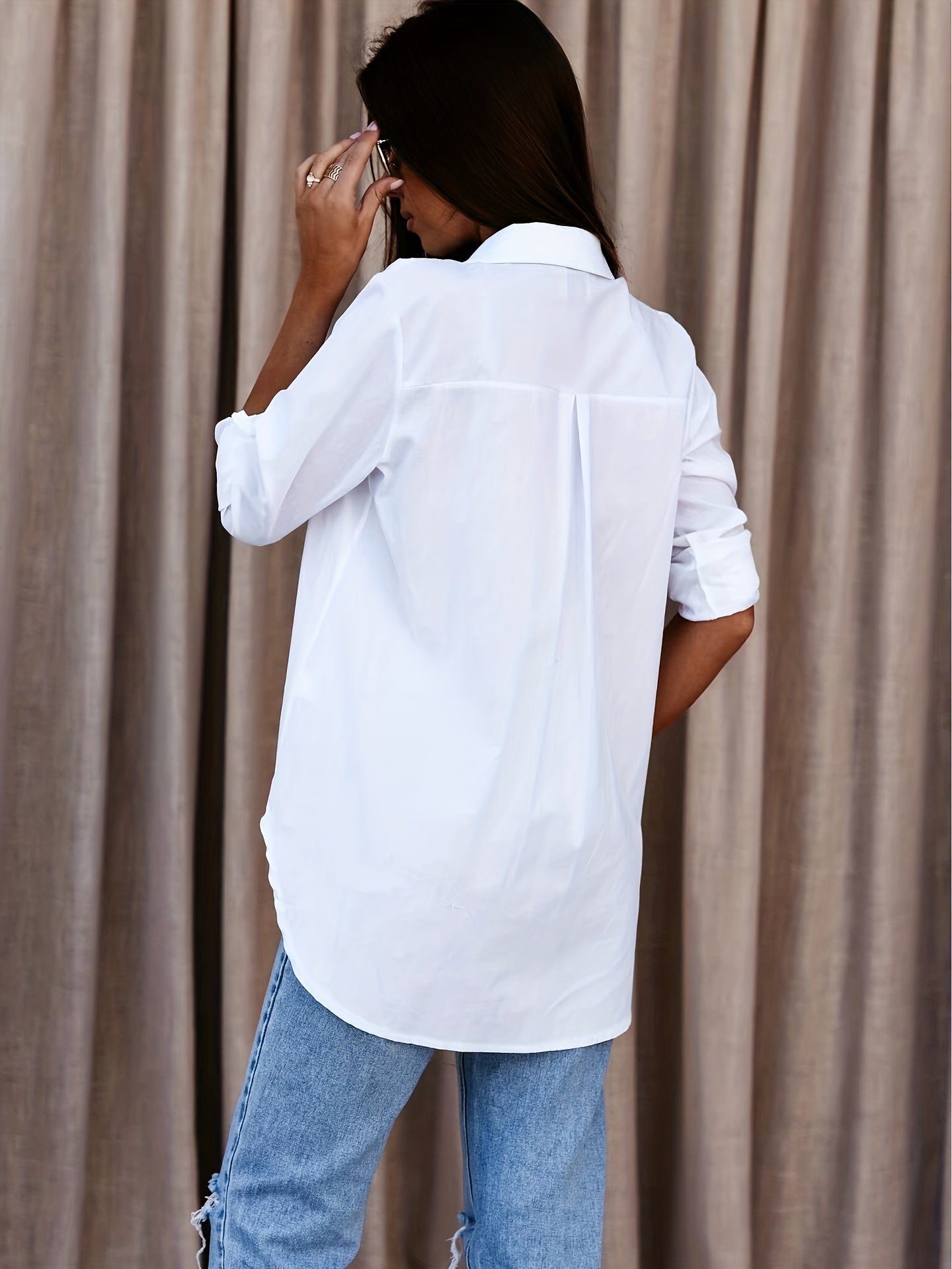 Effortless White Cotton Blouse for Women with Collar V Neck Elbow Sleeve High Low Casual Style