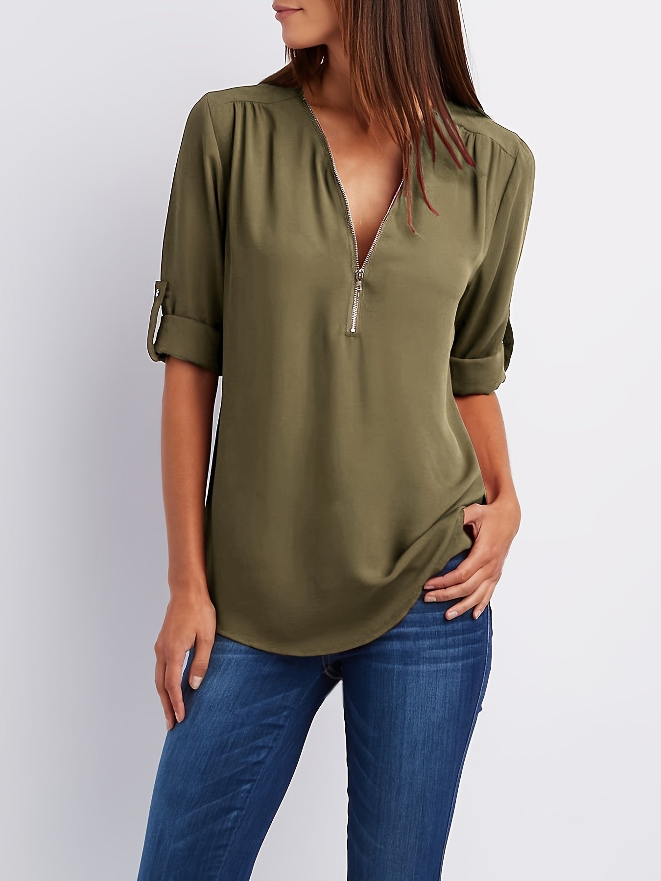 Effortless Chiffon Blouse for Women with Zip V Neck Roll Tab Sleeve Relaxed Casual Style