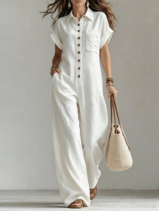 Effortless Linen Jumpsuit for Women with Collar Short Sleeve Button Front Wide Leg Casual Style