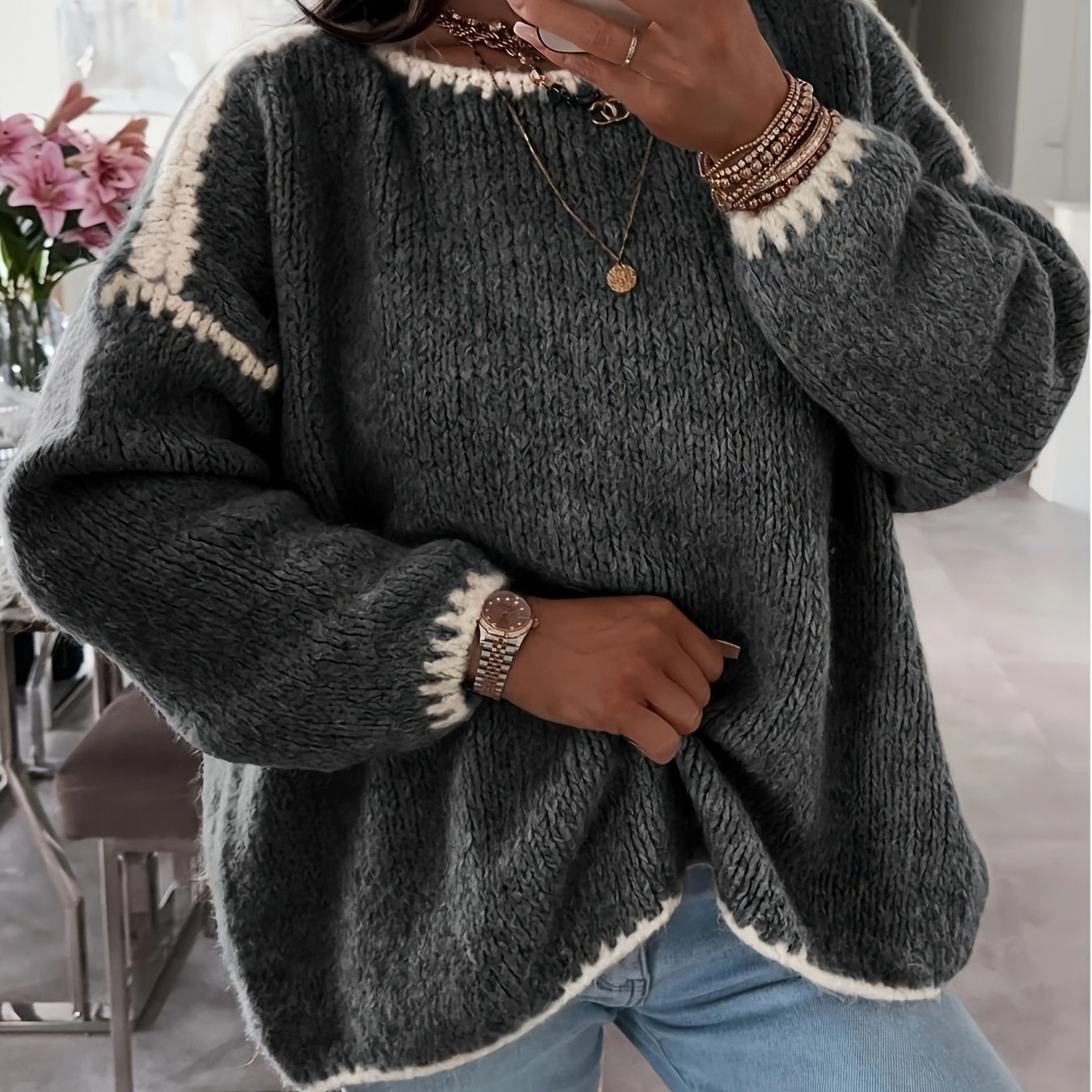 Solid Boat Neck Pullover Sweater, Women'S Casual Long Sleeve Loose Contrast Sweater