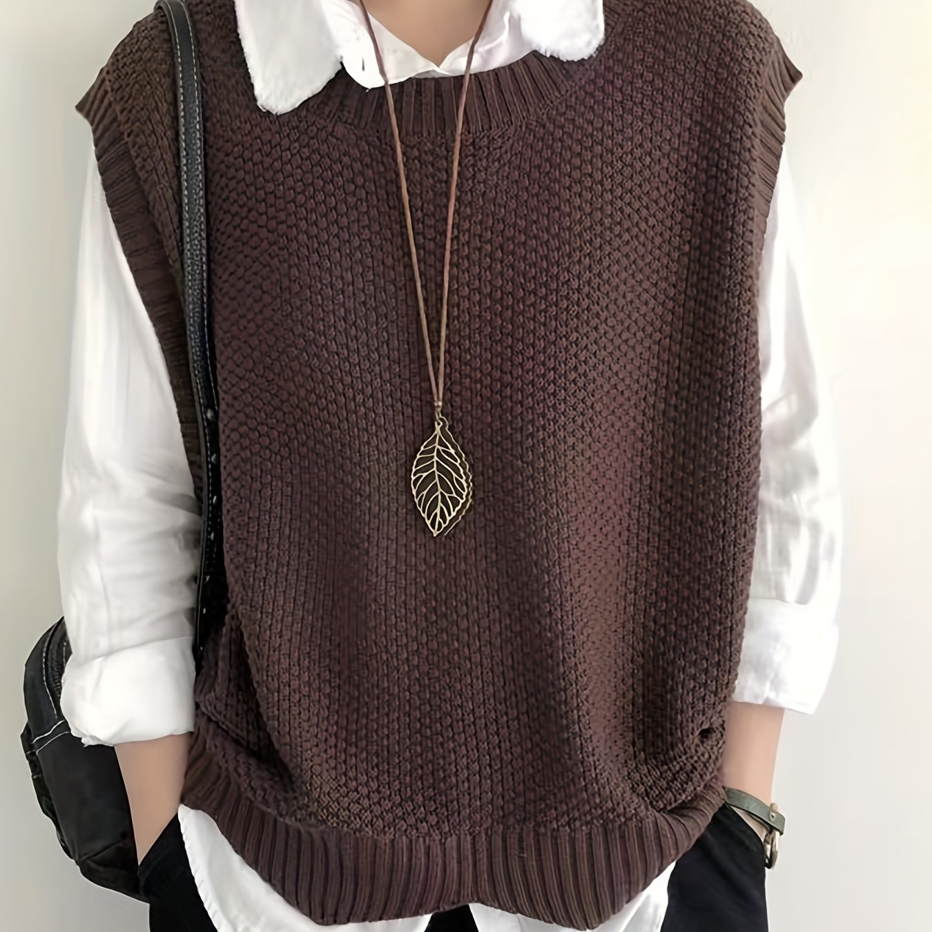 Comfortable Chunky Knit Sweater Vest for Women with Crew Neck Sleeveless Ribbed Trim Oversized Style