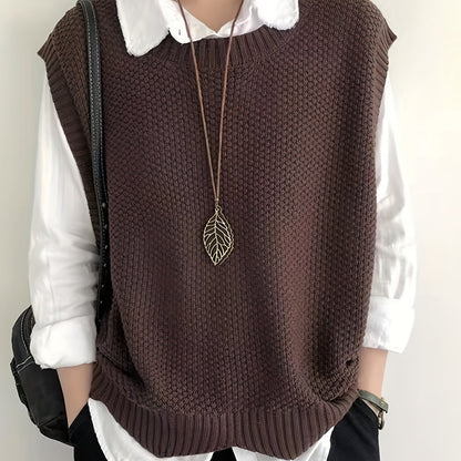 Comfortable Chunky Knit Sweater Vest for Women with Crew Neck Sleeveless Ribbed Trim Oversized Style