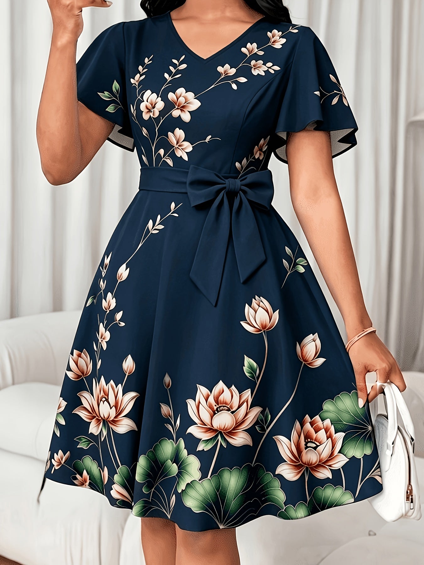 Elegant Floral Midi Dress for Women with V Neck Flutter Sleeve Bow Belt Flowing Style