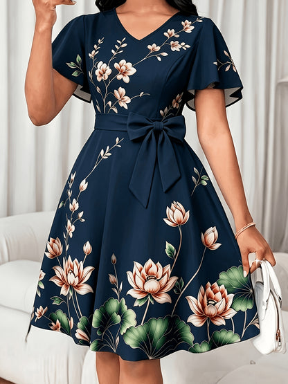 Elegant Floral Midi Dress for Women with V Neck Flutter Sleeve Bow Belt Flowing Style