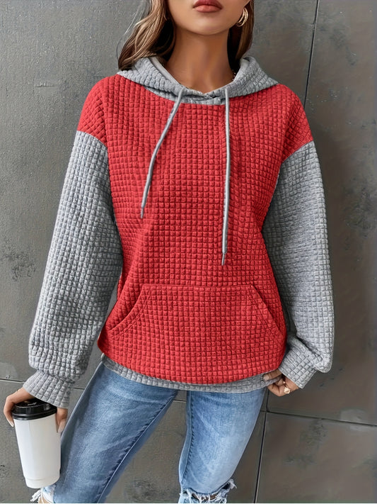 Comfortable Waffle Knit Colorblock Hoodie for Women with Drawstring Hood Long Sleeve Kangaroo Pocket Relaxed Style