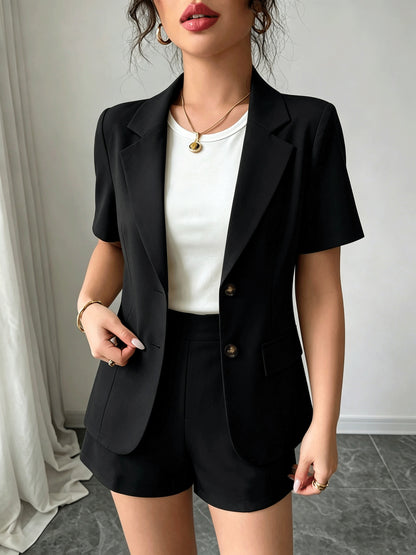 Elegant Tailored Blazer Two Piece Set for Women with Notch Lapel Short Sleeve Button Front Shorts Style