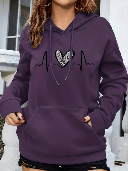 Comfortable Heartbeat Print Hoodie for Women with Drawstring Hood Long Sleeve Kangaroo Pocket Oversized Style