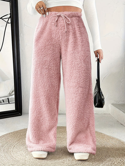 Comfortable Sherpa Wide Leg Pants for Women with High Waist Drawstring Relaxed Flowing Casual Style