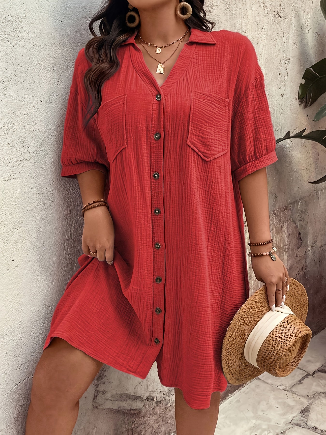 Effortless Wheat Cotton Shirt Dress for Women with Collar Elbow Sleeve Button Front Relaxed Casual Style