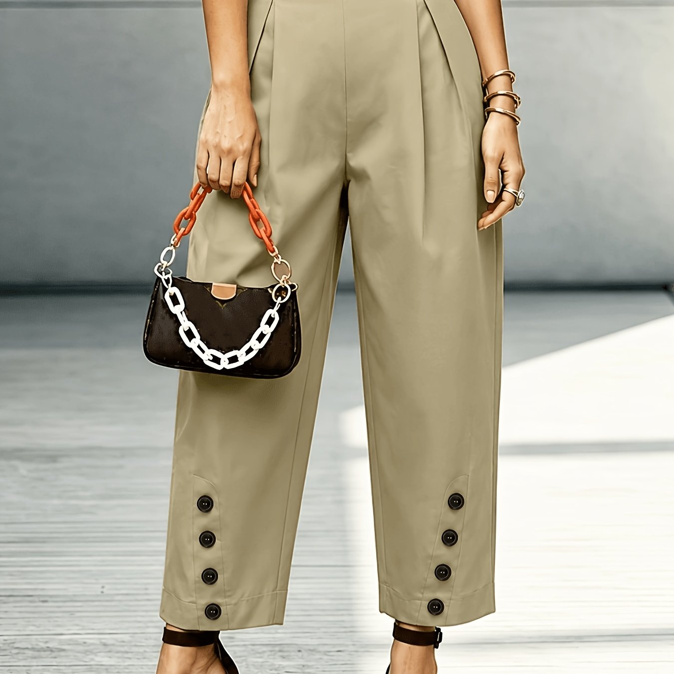 Effortless Khaki Tapered Pants for Women with High Waist Pleated Button Hem Relaxed Style