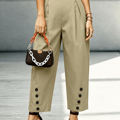 Effortless Khaki Tapered Pants for Women with High Waist Pleated Button Hem Relaxed Style