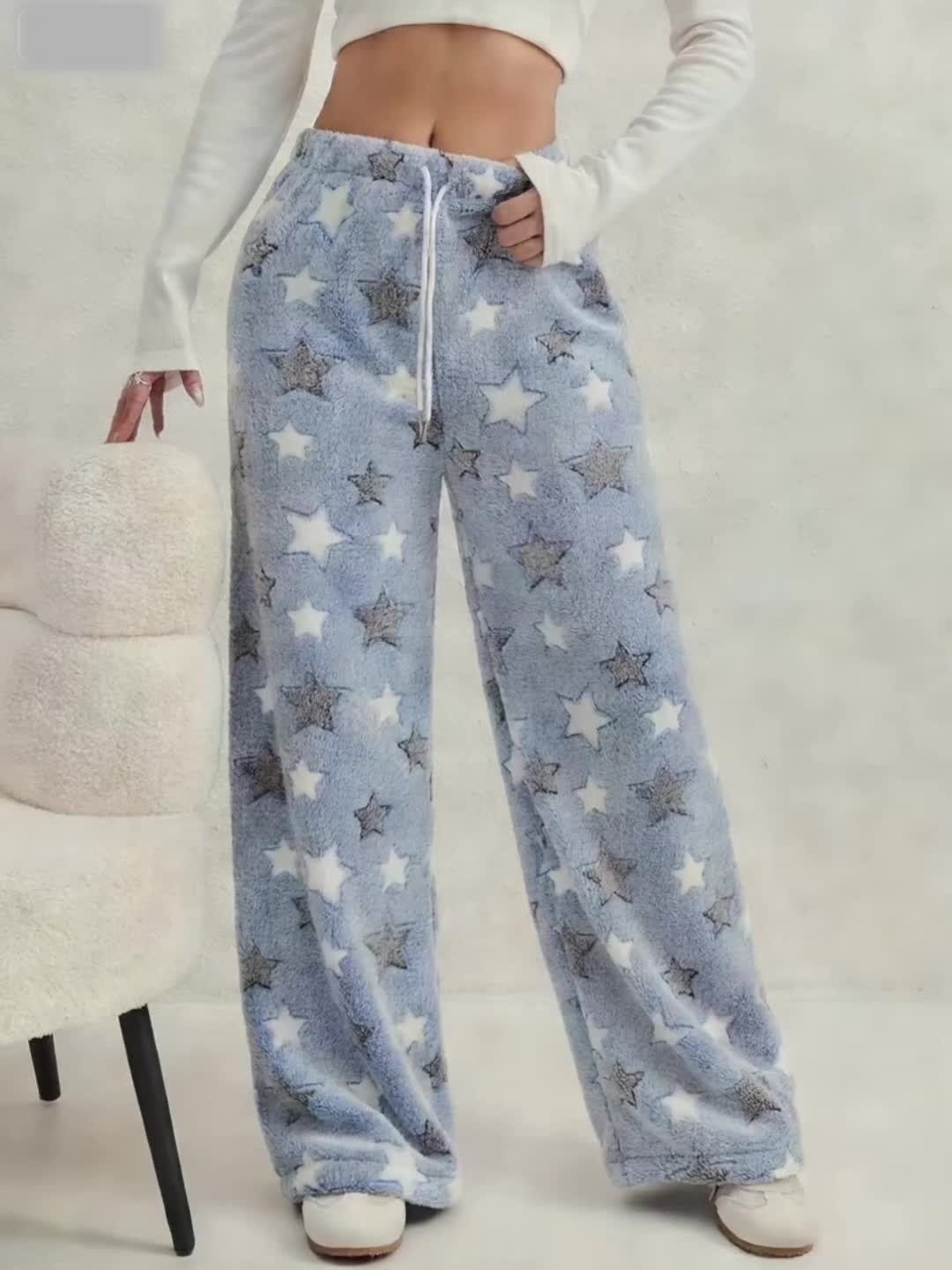 Comfortable Star Moon Print Fleece Pajama Pants for Women with High Waist Drawstring Wide Leg Cozy Style