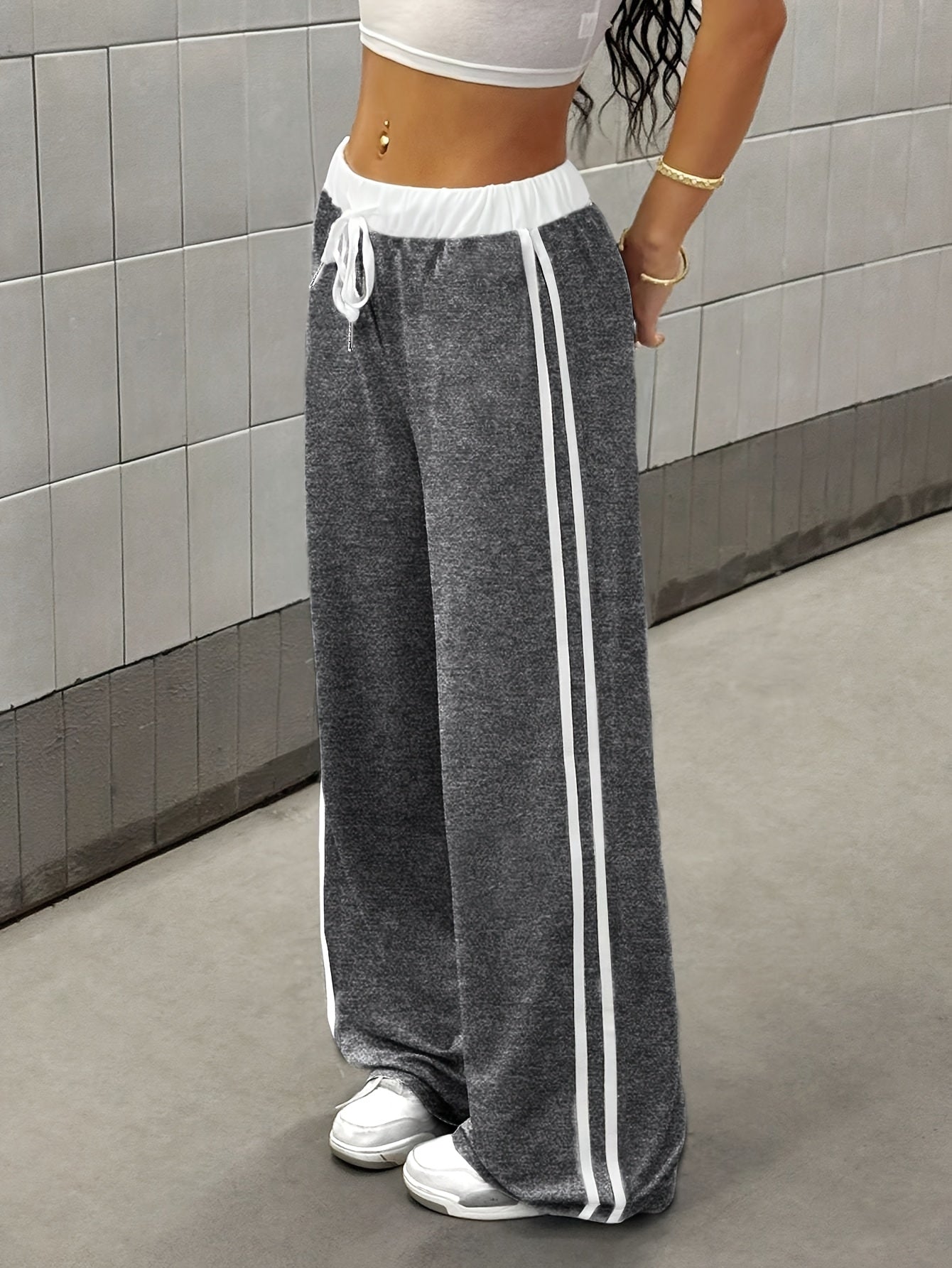Effortless Wide Leg Track Pants for Women with High Waist Drawstring Side Stripe Relaxed Style