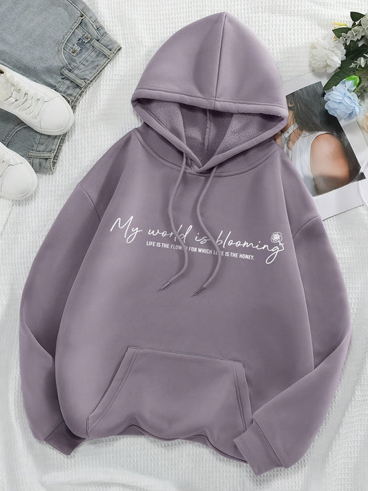 Comfortable Purple Graphic Hoodie for Women with Drawstring Hood Long Sleeve Oversized Knit Style