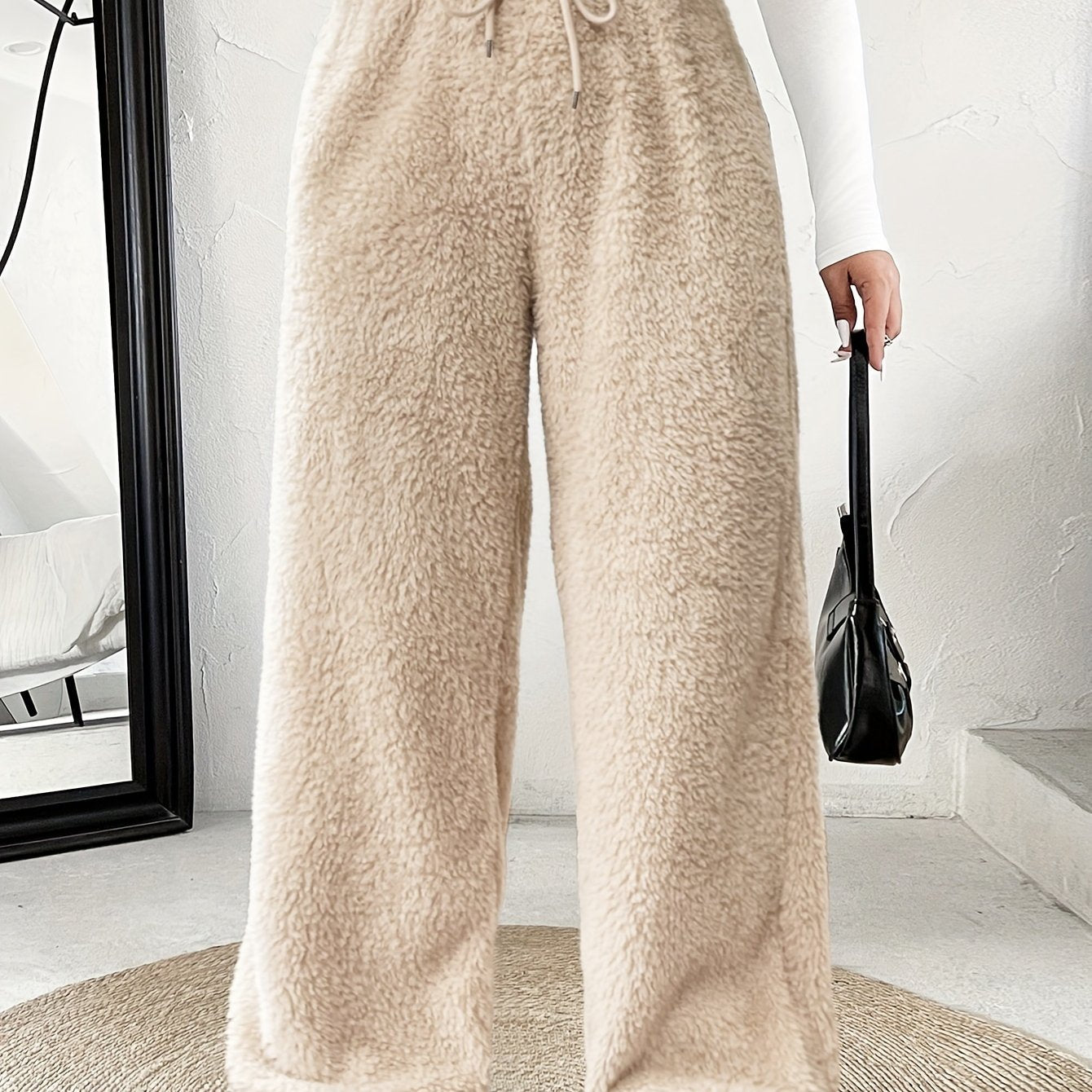 Comfortable Sherpa Wide Leg Pants for Women with High Waist Drawstring Relaxed Flowing Casual Style