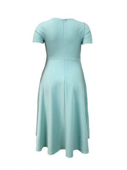 Elegant Rose Red Midi Dress for Women with Round Neck Short Sleeve Fit and Flare Pocket Style