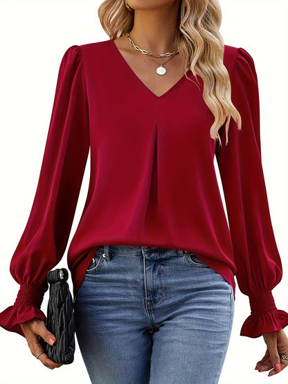 Elegant Pleated Blouse for Women with V Neck Balloon Sleeve Smocked Cuff Relaxed Style