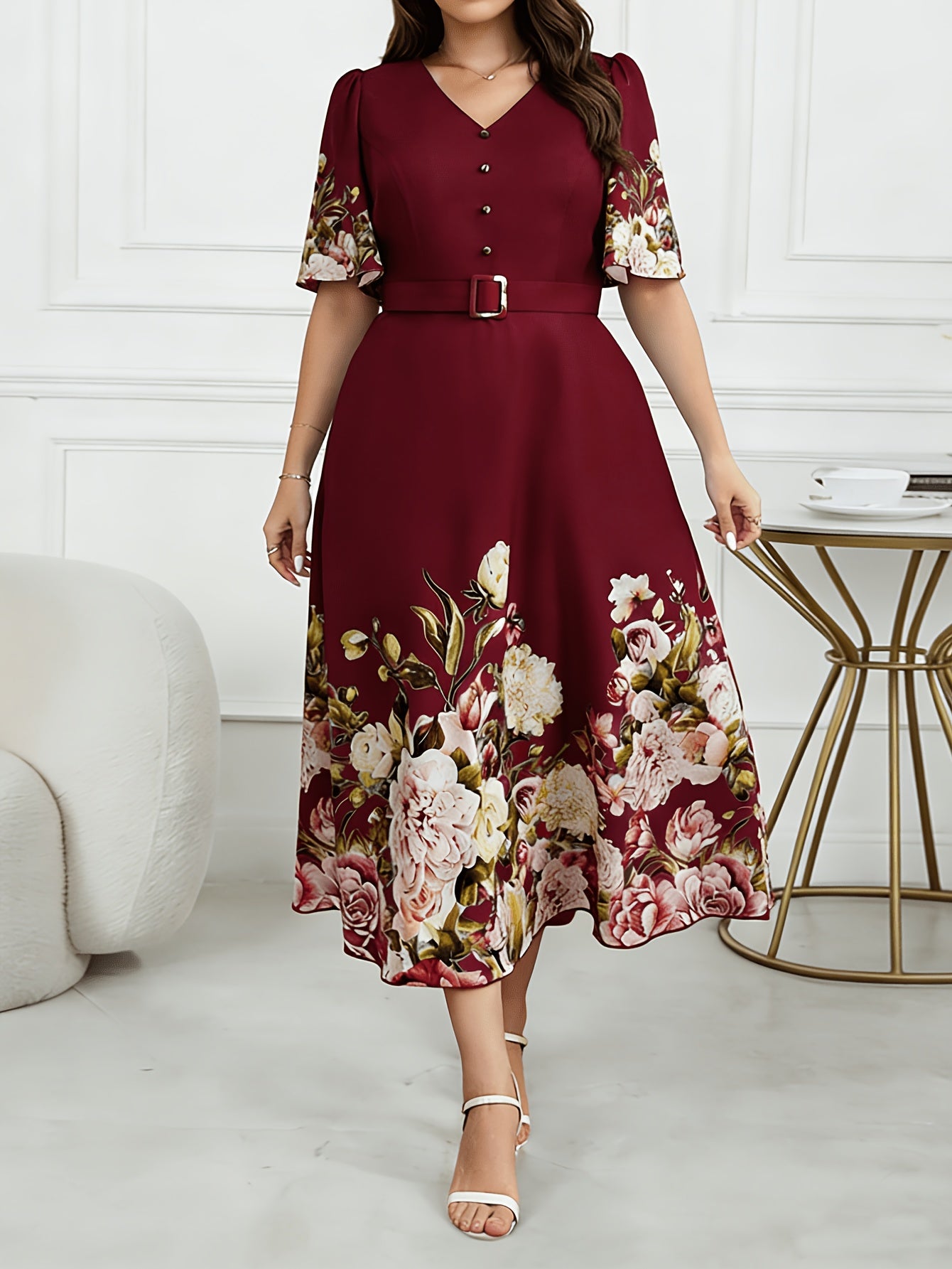 Effortless Floral Midi Dress for Women with V Neck Flutter Sleeve Belted A Line Style