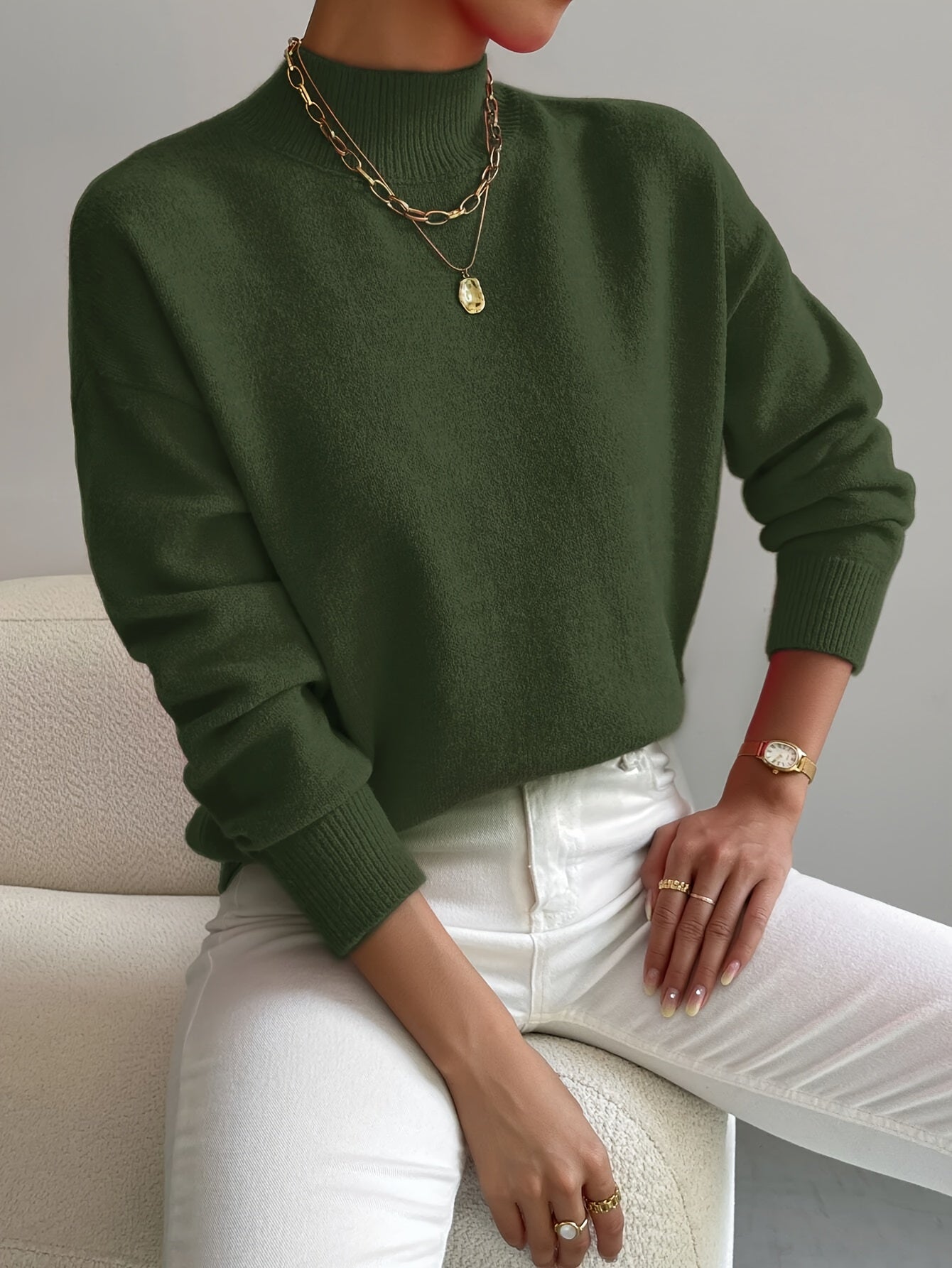 Comfortable Ribbed Sweater for Women with High Neck Long Sleeve Relaxed Oversized Knit Style