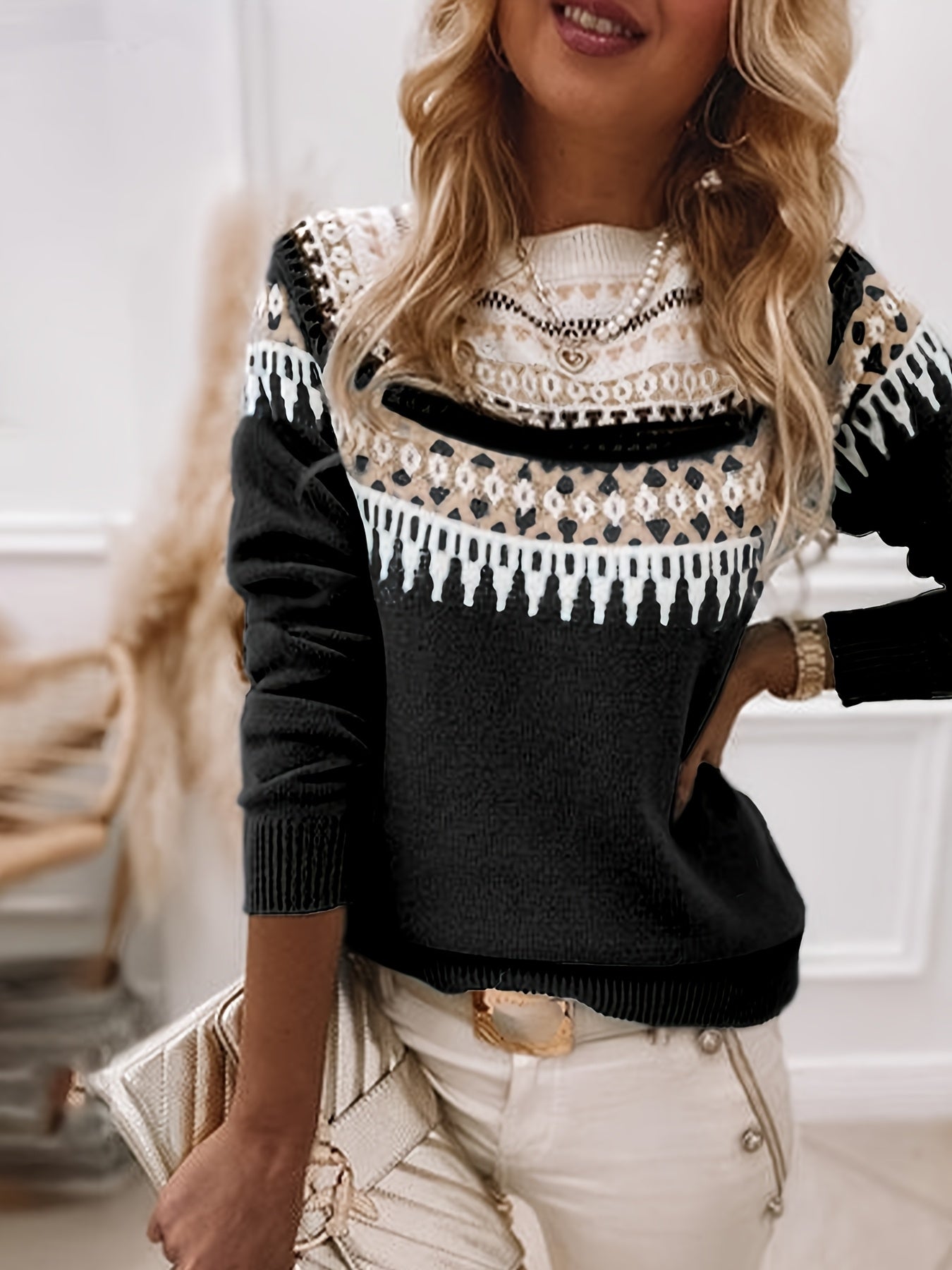 Comfortable Black Fair Isle Sweater for Women with Round Neck Long Sleeve Colorblock Knit Style