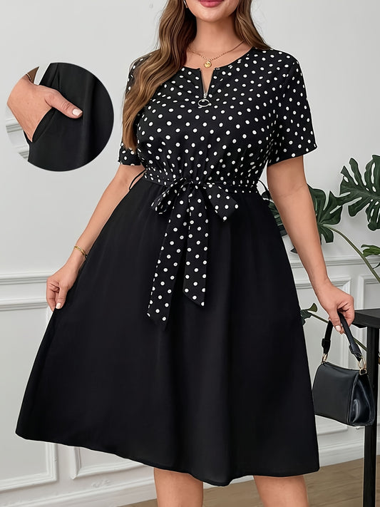 Elegant Polka Dot Midi Dress for Women with Notch Neck Short Sleeve Tie Waist Belted Style