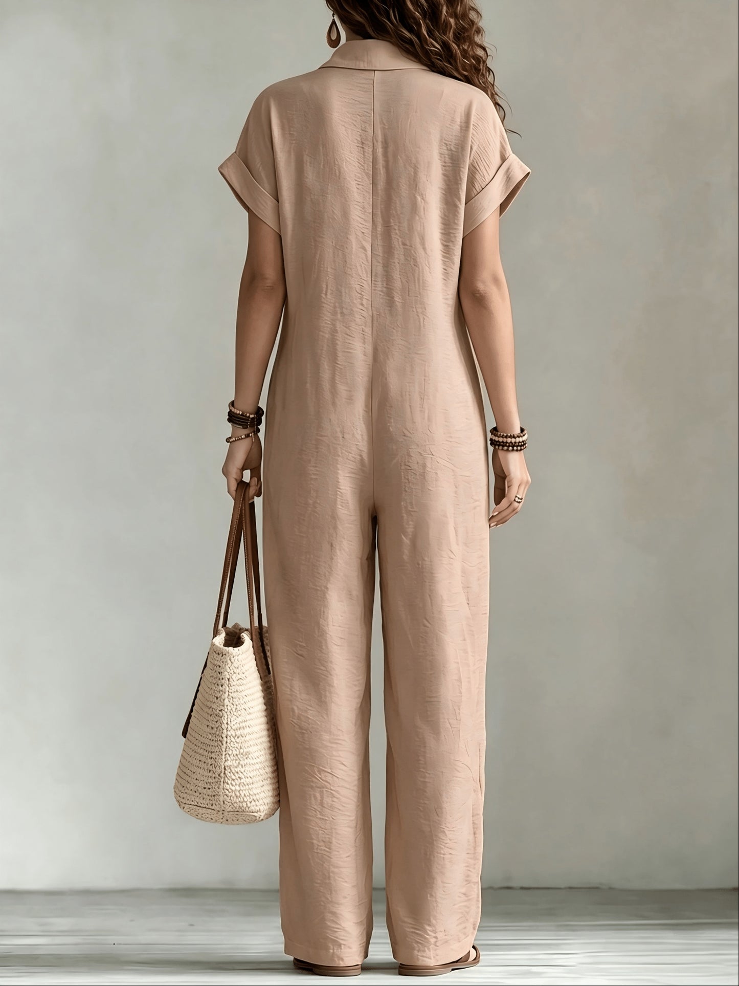 Effortless Linen Jumpsuit for Women with Collar Short Sleeve Button Front Wide Leg Casual Style