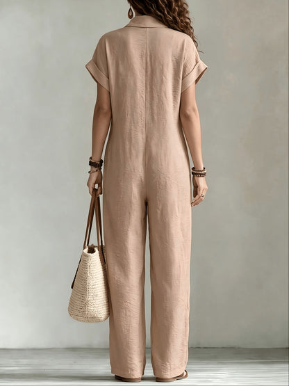 Effortless Linen Jumpsuit for Women with Collar Short Sleeve Button Front Wide Leg Casual Style
