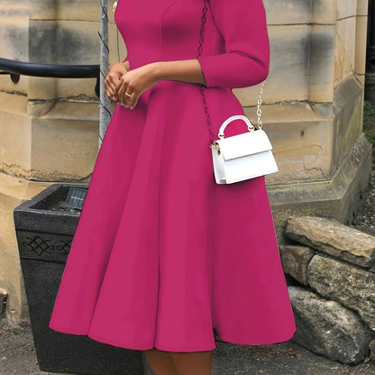 Elegant A Line Midi Dress for Women with Round Neck Elbow Sleeve Fit and Flare Style