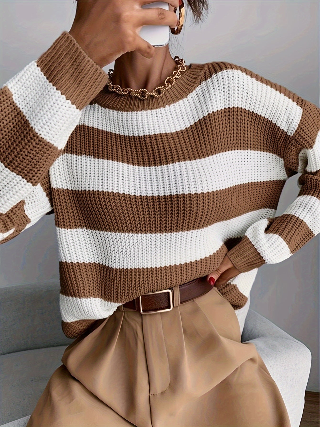Classic Drop Shoulder Loose Striped Sweater