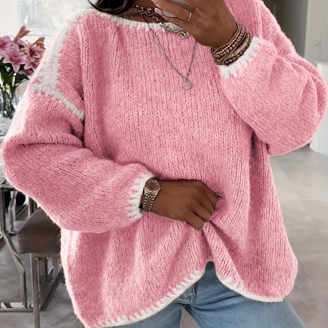 Solid Boat Neck Pullover Sweater, Women'S Casual Long Sleeve Loose Contrast Sweater
