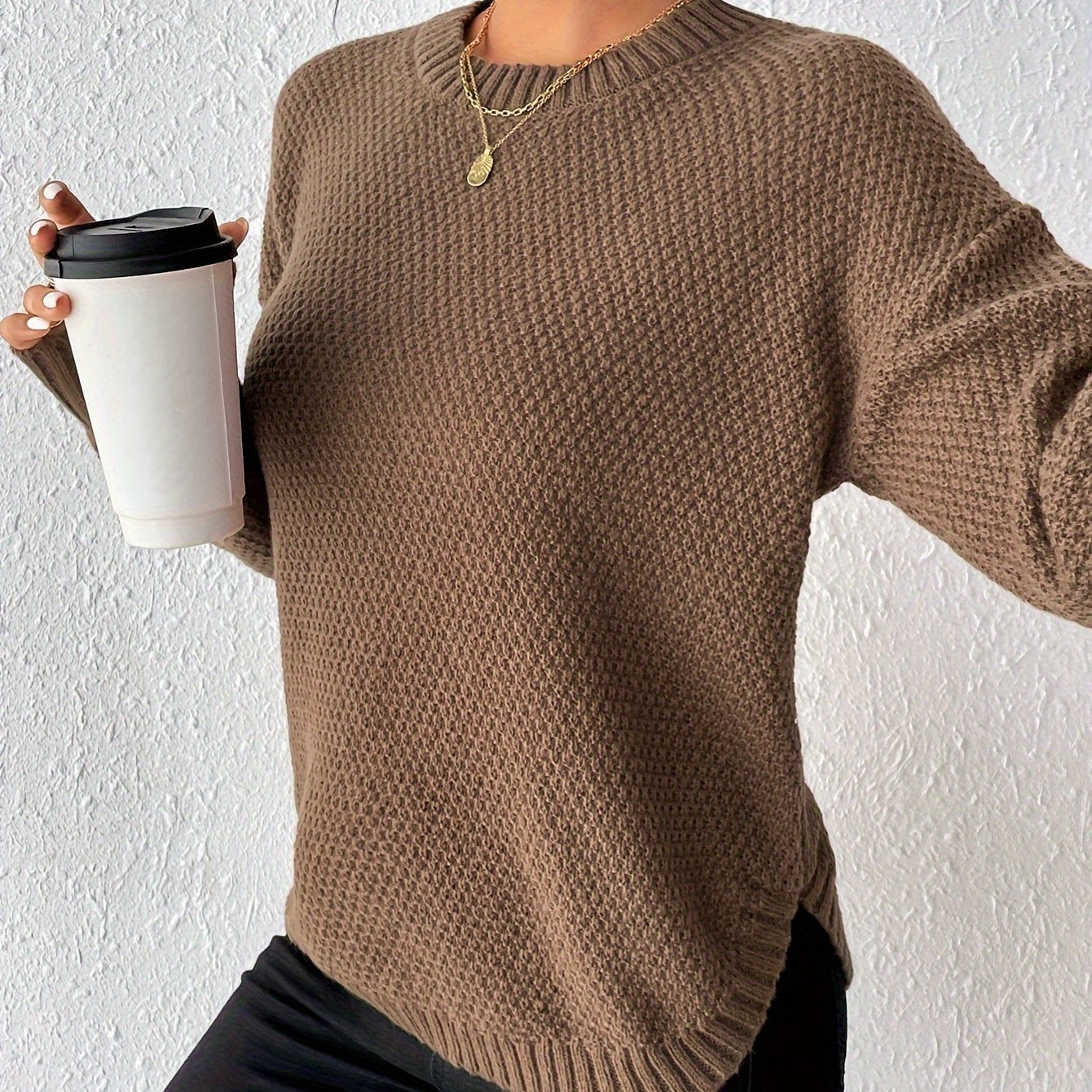 Women's Pullover Sweater, Solid Color Round Neck Loose-Fit, Simple Versatile Long Sleeve, Sweater Top