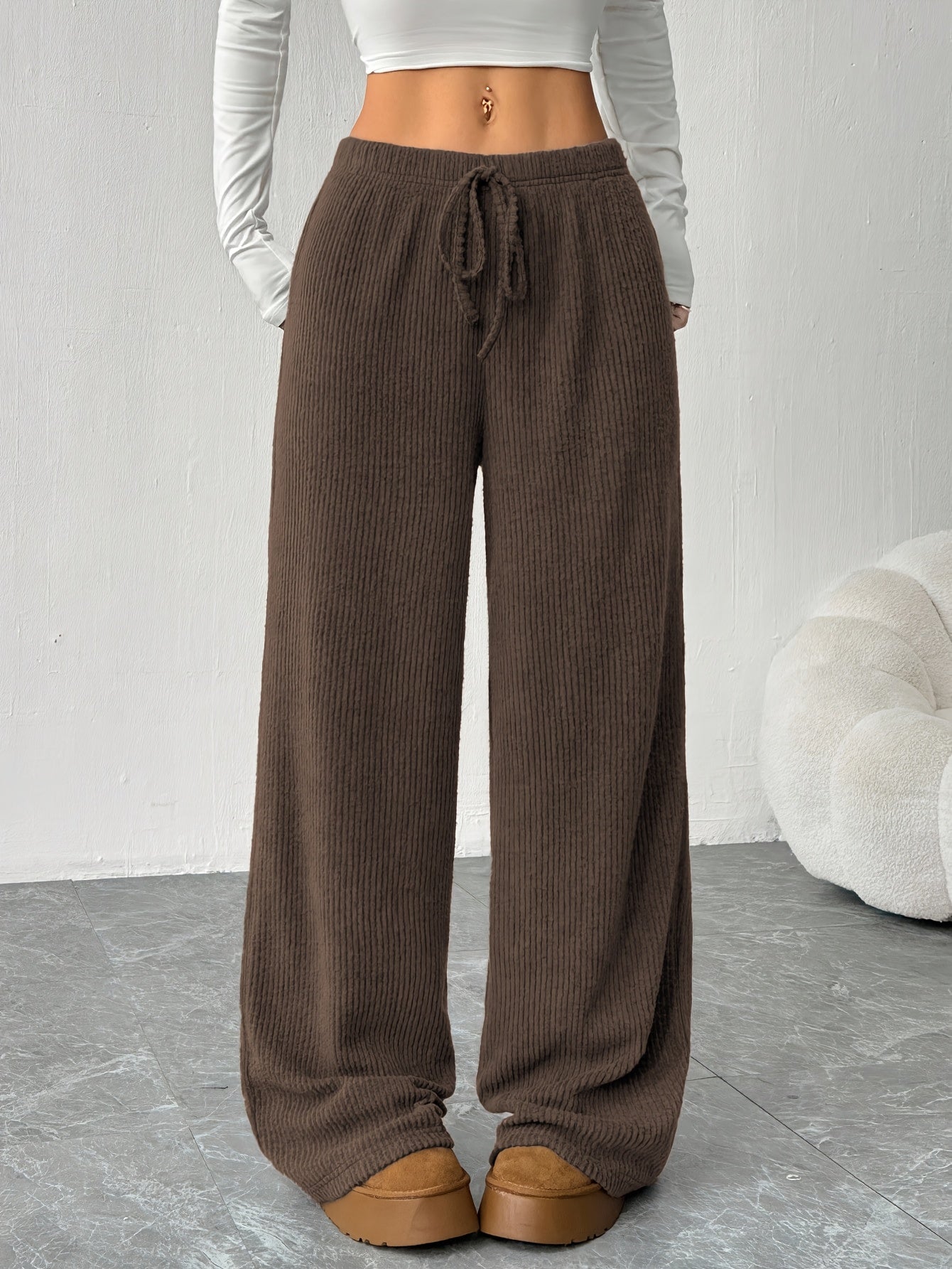 Effortless Ribbed Knit Wide Leg Pants for Women with High Waist Drawstring Relaxed Flowing Casual Style