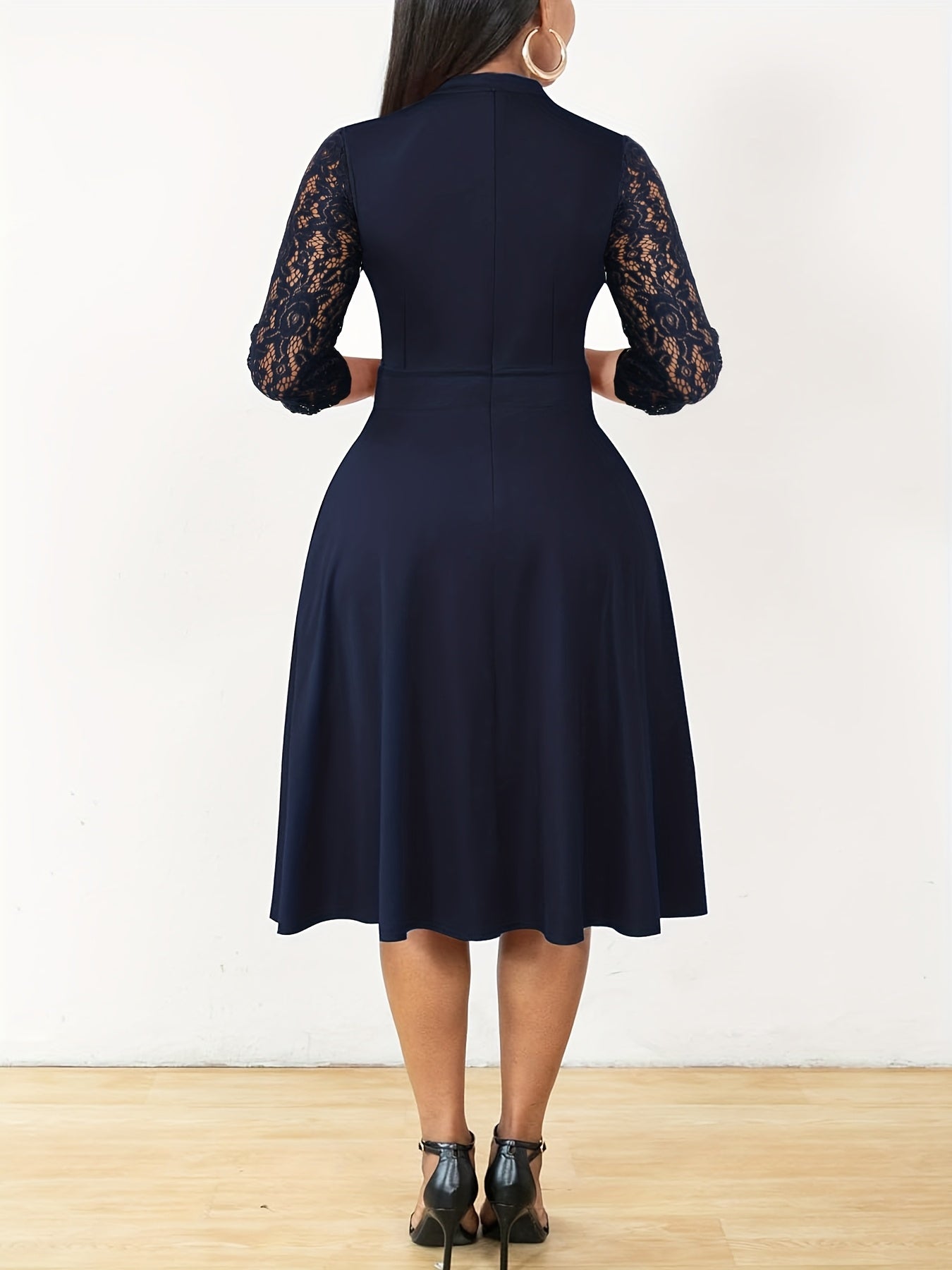 Elegant Lace Sleeve Midi Dress for Women with Notched Neck Three Quarter Sleeve Fit and Flare Cocktail Style