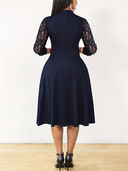 Elegant Lace Sleeve Midi Dress for Women with Notched Neck Three Quarter Sleeve Fit and Flare Cocktail Style