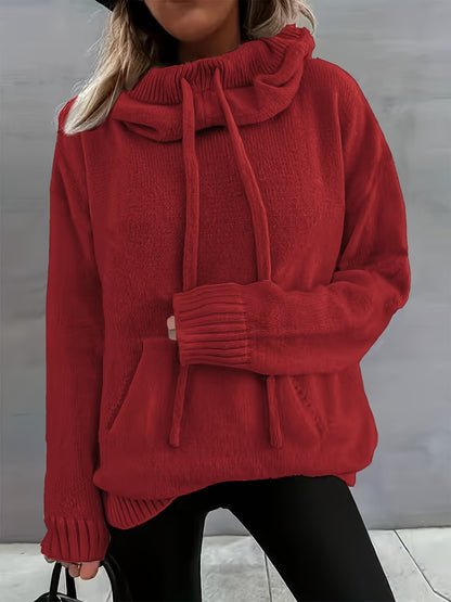 2025 New Autumn And Winter Women'S Casual Versatile Solid Color Drawstring Pocket Hooded Pullover