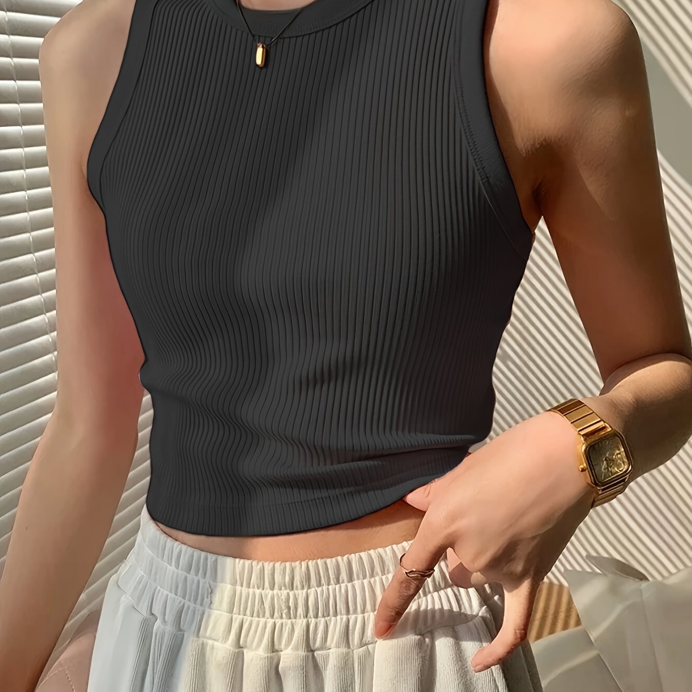 Effortless Ribbed Crop Top for Women with Crew Neck Sleeveless Racerback Fitted Tank Style