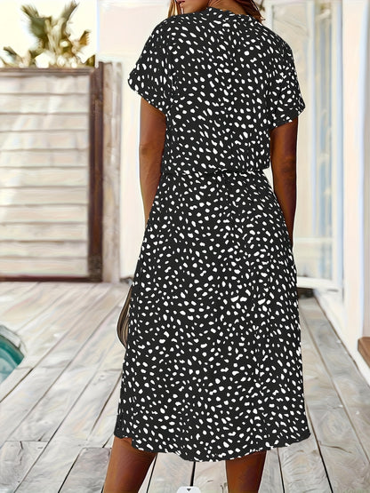Effortless Multicolor Polka Dot Midi Dress for Women with Collar Short Sleeve Tie Waist Casual Style