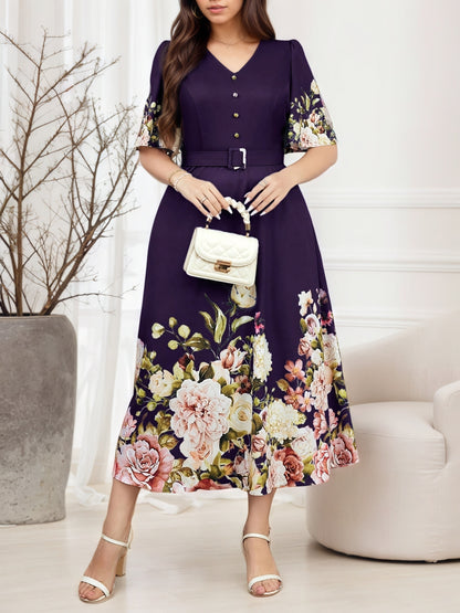 Effortless Floral Midi Dress for Women with V Neck Flutter Sleeve Belted A Line Style