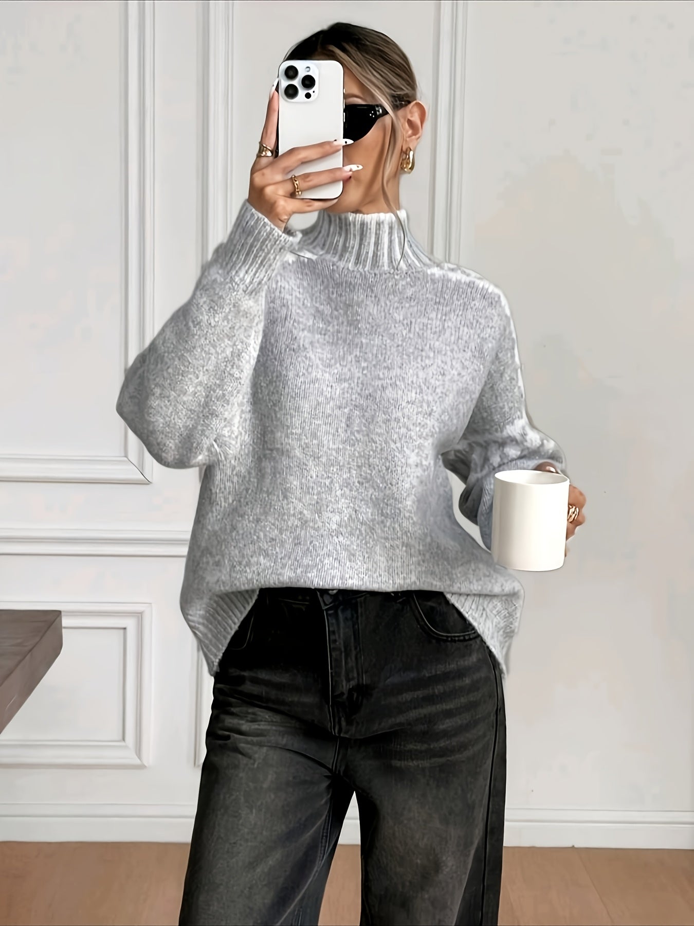 Comfortable Grey Jacquard Sweater for Women with High Neck Long Sleeve Relaxed Oversized Knit Style