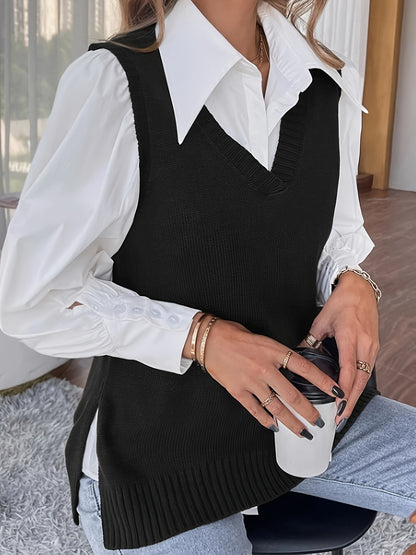 Comfortable Sweater Vest for Women with V Neck Sleeveless Ribbed Trim Oversized Knit Style