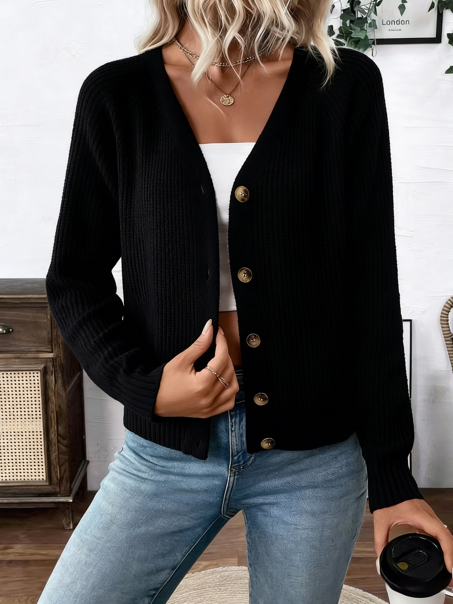 Comfortable Ribbed Knit Cardigan for Women with V Neck Long Sleeve Button Front Relaxed Oversized Style