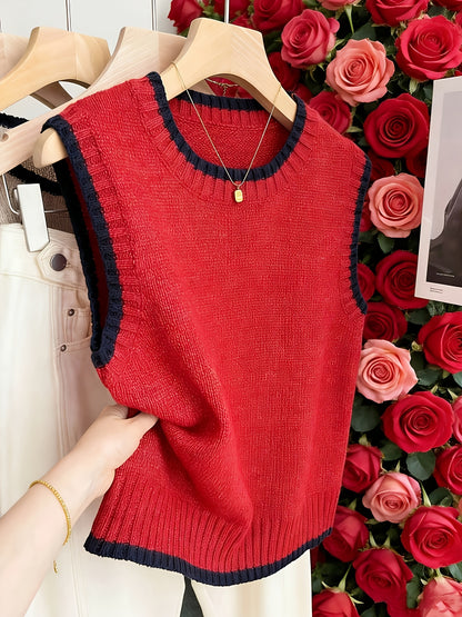 Comfortable Contrast Trim Sweater Vest for Women with Crew Neck Sleeveless Ribbed Knit Style