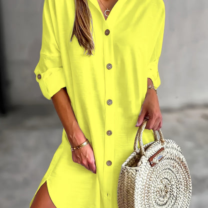 Effortless Button Front Shirt Dress for Women with Collar Long Sleeve Relaxed Casual Style