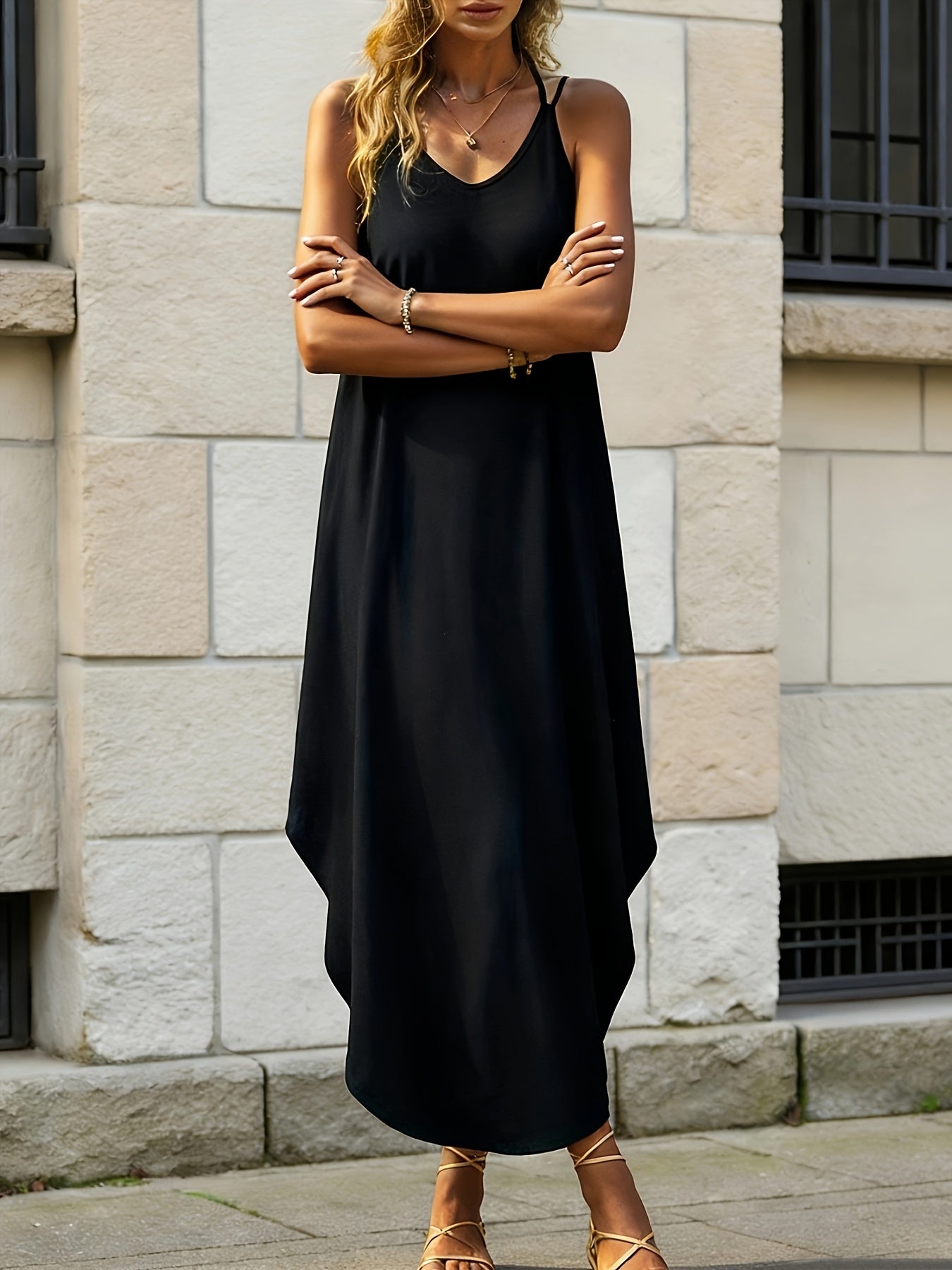 Elegant Black Maxi Dress for Women with V Neck Sleeveless Cocoon Flowing Bohemian Style
