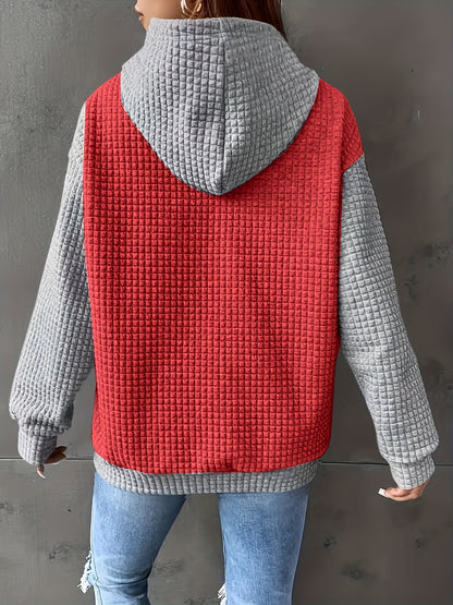 Women's Casual Waffle- Color-Block Hooded Sweatshirt - Relaxed Fit Long Sleeve Pullover with Drawstring Hood, Machine Washable Autumn Winter Fashion Top, Cute Sweatshirts, Autumn Apparel, Soft Fabric, Everyday Outfit, Waffle Design, Breathable Material, C